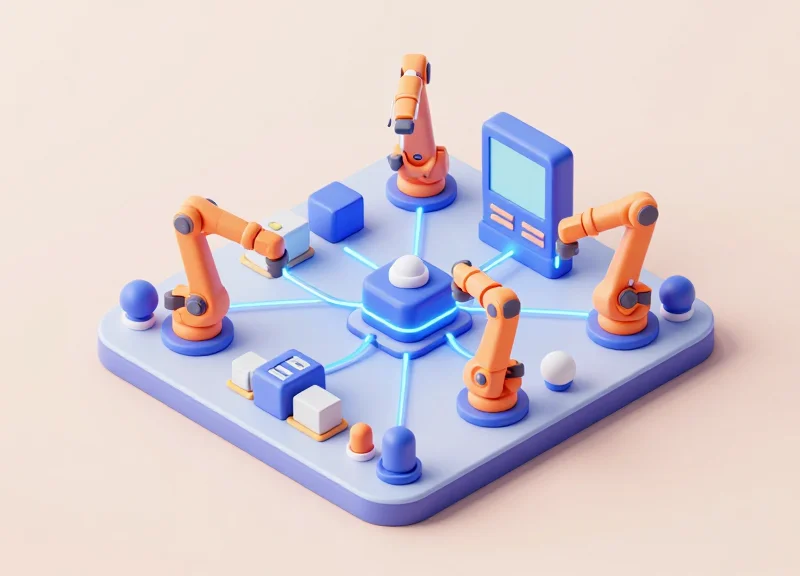 Isometric 3D view of a smart factory floor with connected industrial modules and glowing data paths.