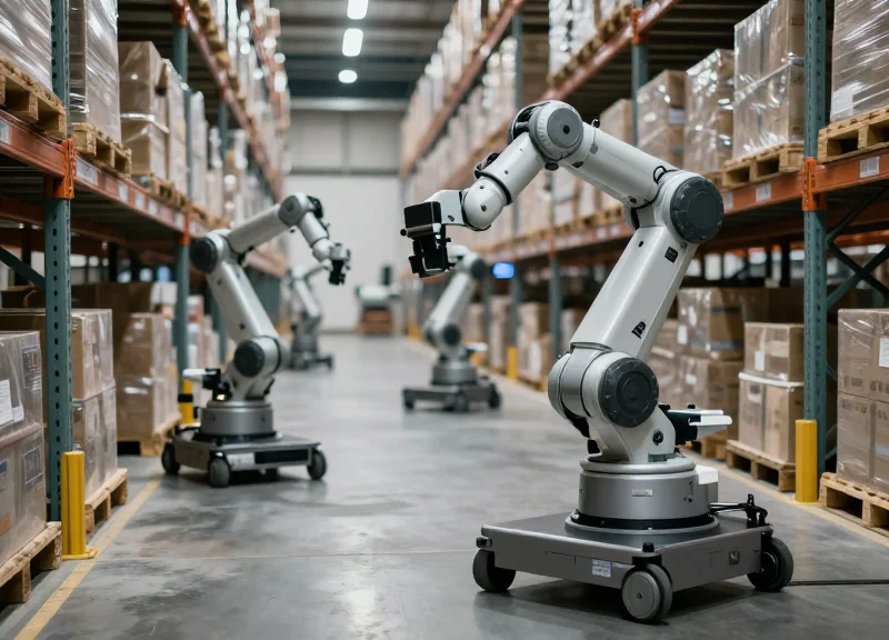 High-tech automated warehouse with autonomous robots moving pallets under cinematic lighting.