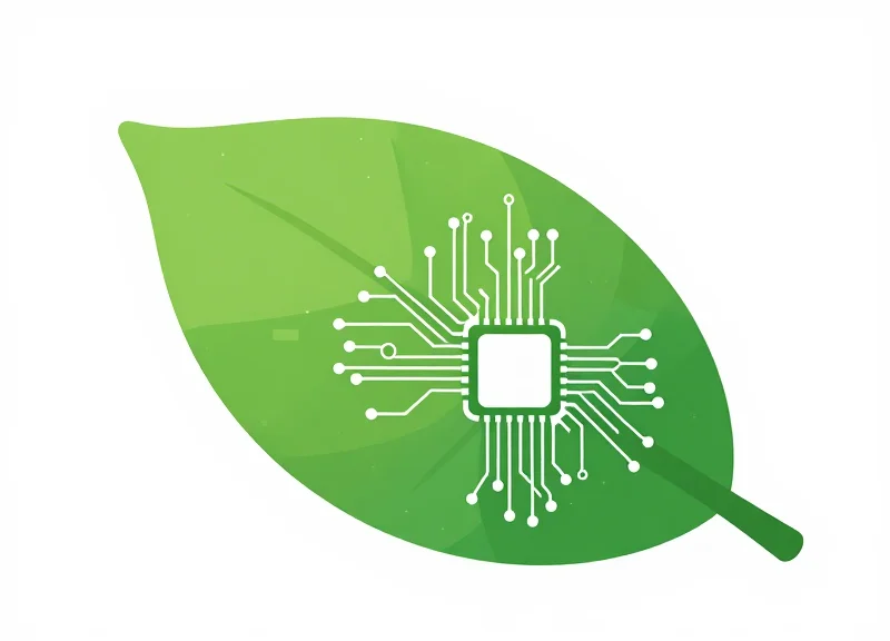 Abstract illustration of a green leaf blending into a circuit pattern to represent sustainable technology.