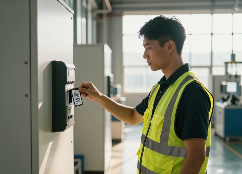 An industrial worker using a rugged RFID card reader at the entrance of a modern factory, cinematic lighting, 8k resolution.