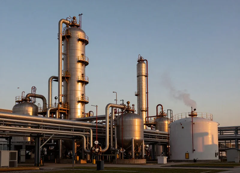 A hazardous chemical manufacturing zone at twilight with dramatic lighting and professional safety equipment.