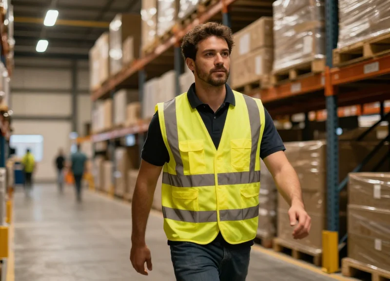 Warehouse safety response scene with motion blur representing fast emergency reaction.