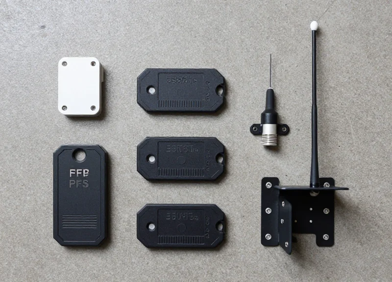 Neatly arranged RFID hardware including tags, readers, and antennas.