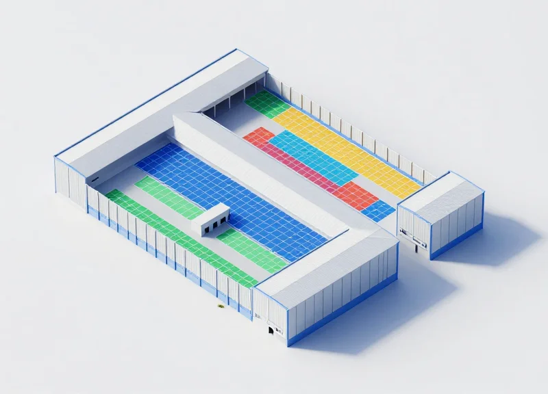 Isometric warehouse map with strategic zone planning markers.