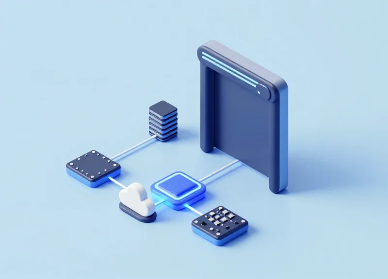 Isometric 3D illustration of a modular UHF RFID gateway system showing the portal frame and reader components.