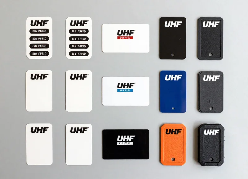 A variety of UHF RFID tags including labels, cards, and hard tags arranged neatly.