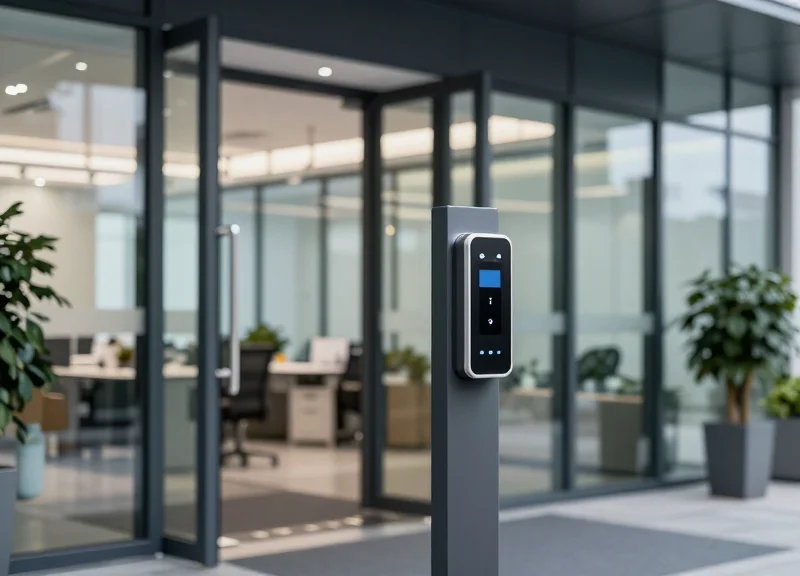 A modern corporate restricted area entrance with an integrated RFID gateway portal.