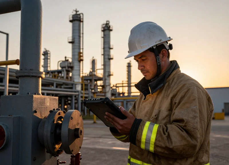 Industrial worker using RFID technology in a hazardous chemical plant