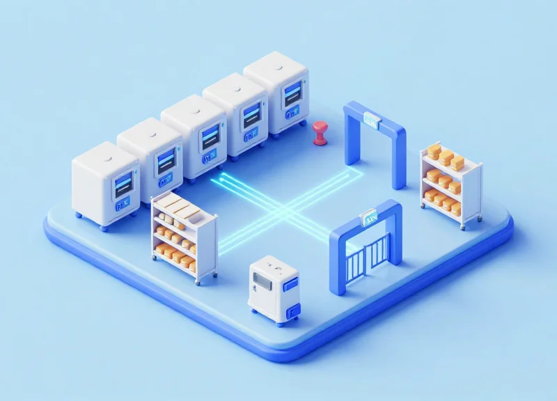 Isometric view of a smart retail and warehouse system integrating RFID, ESL, and EAS