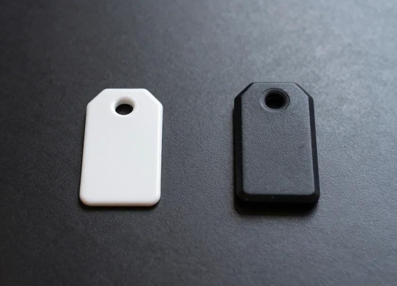 A side-by-side comparison showing a ceramic RFID tag and a rugged encapsulated RFID tag on a dark surface.