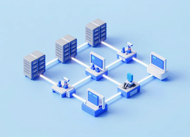 Isometric 3D view of a smart factory system integrating RFID and global tracking networks.