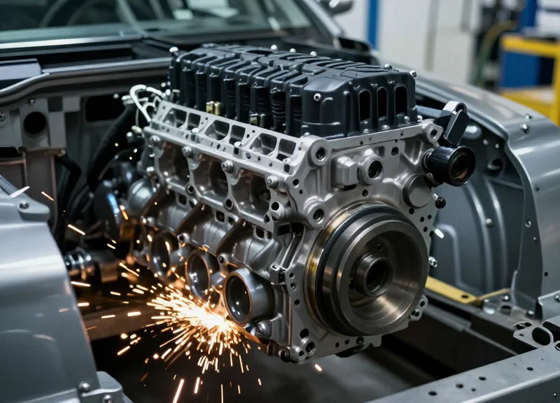 Close-up of a high-speed automotive assembly line during engine-to-chassis pairing.