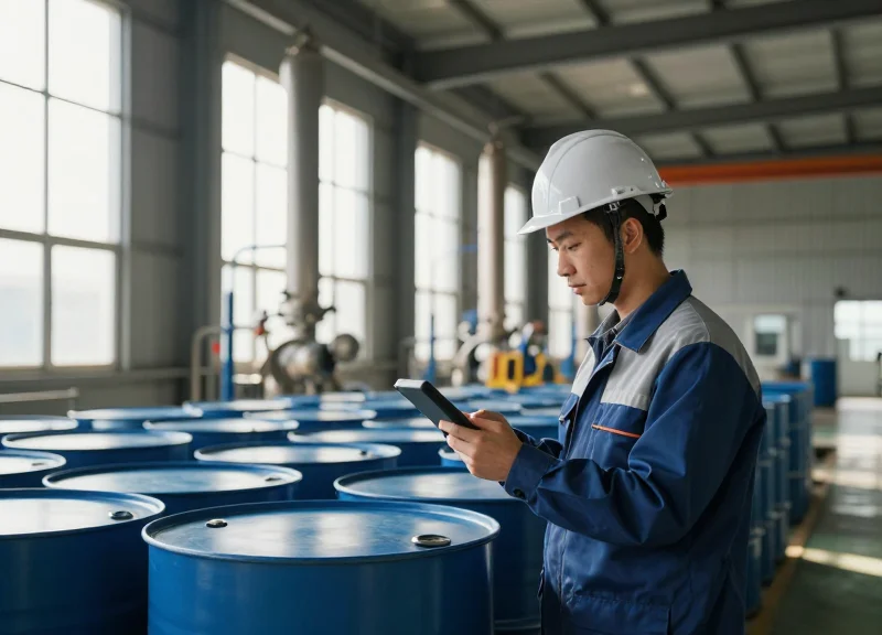 A professional engineer in an industrial chemical processing plant scanning assets with a handheld device.