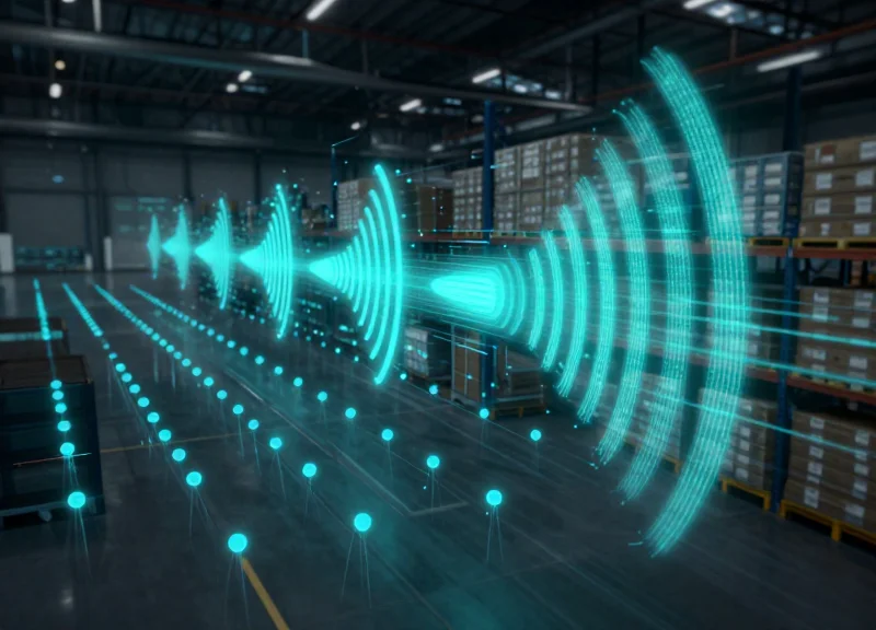 Abstract digital visualization of UHF radio waves transmitting data in a high-tech facility.