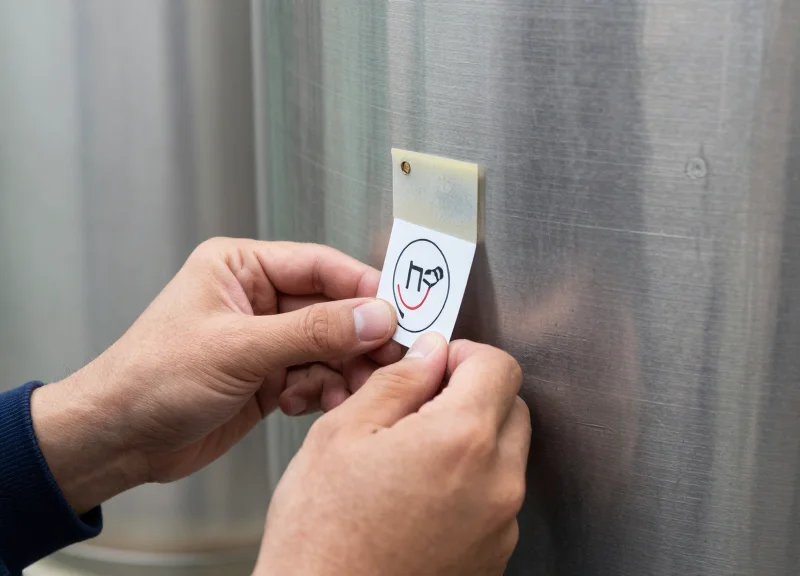 Close-up of a worker's hands attaching a specialized RFID tag to a steel chemical tank.