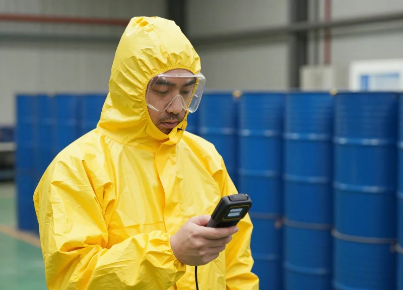 A technician in a protective suit using a digital handheld device in a modern chemical warehouse.