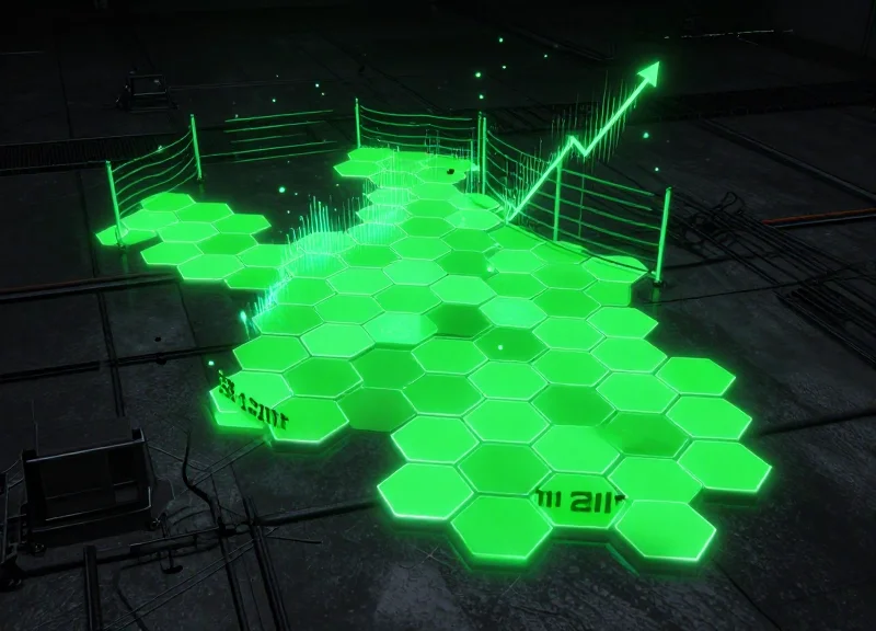 Abstract visualization of glowing safety zones and decreasing risk particles in an industrial setting.