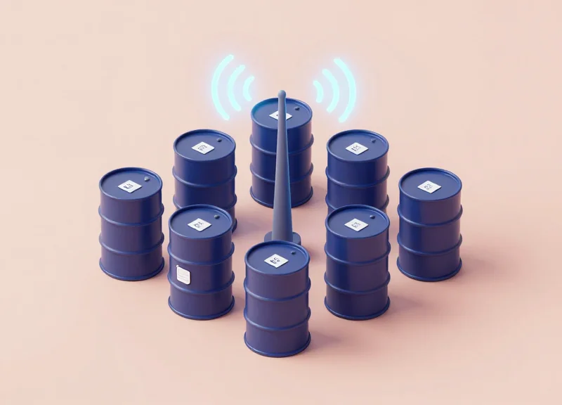 Isometric 3D model of a warehouse with RFID signals connecting storage barrels to a central hub.