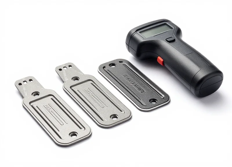 Industrial RFID tags and handheld reader for hazardous environments on a white background.