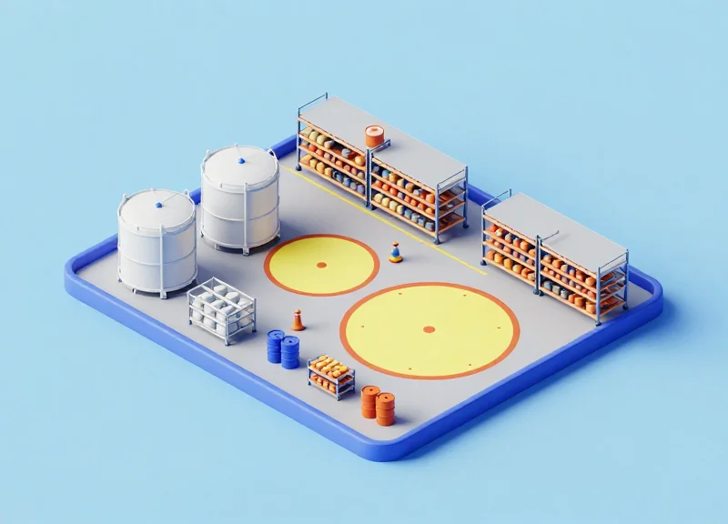 3D model of a warehouse chemical storage zone with highlighted RFID monitoring fields.