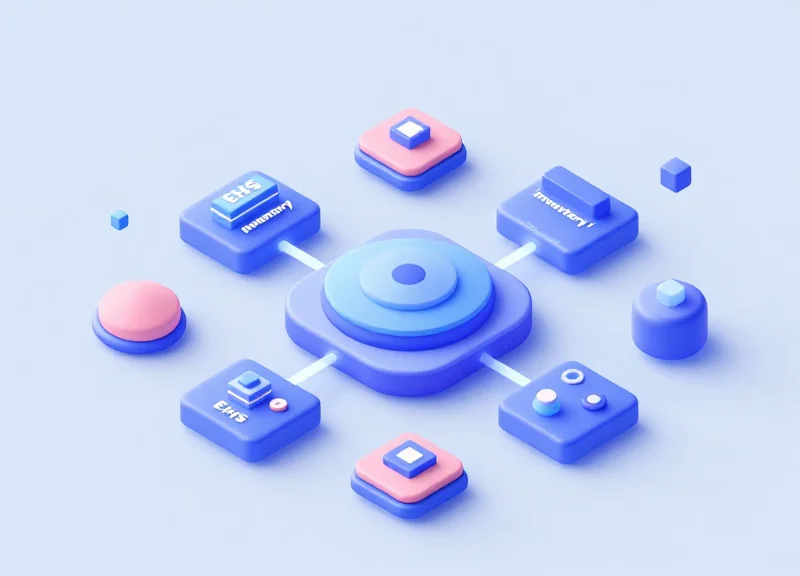 Isometric view of a central hub connecting inventory and safety management systems.