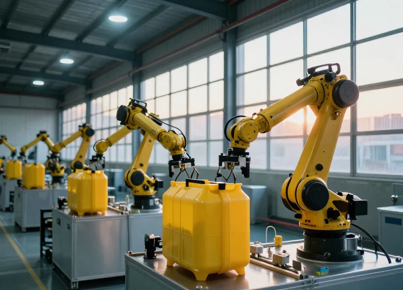 Futuristic industrial facility with automated hazardous material handling systems in 2026.