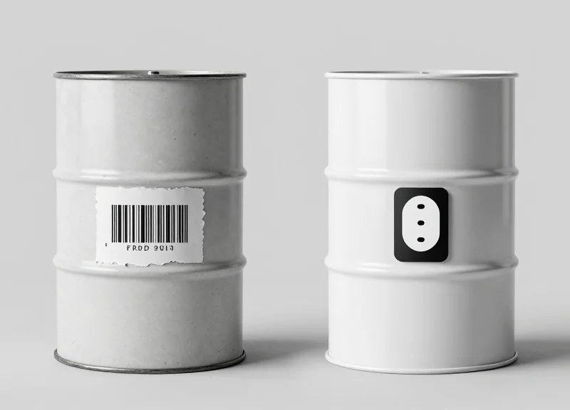 Side-by-side comparison of a damaged barcode versus a modern industrial RFID tag on chemical drums.