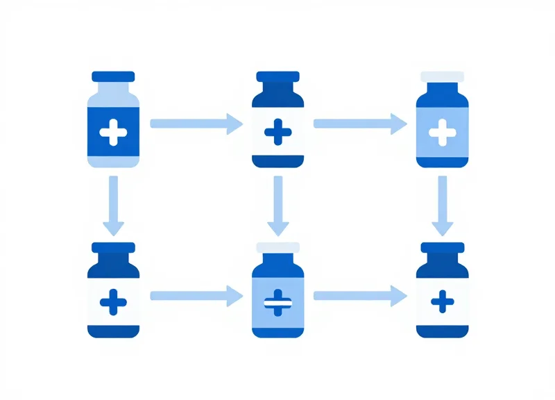 Minimalist flat vector illustration representing pharmaceutical traceability and supply chain security.