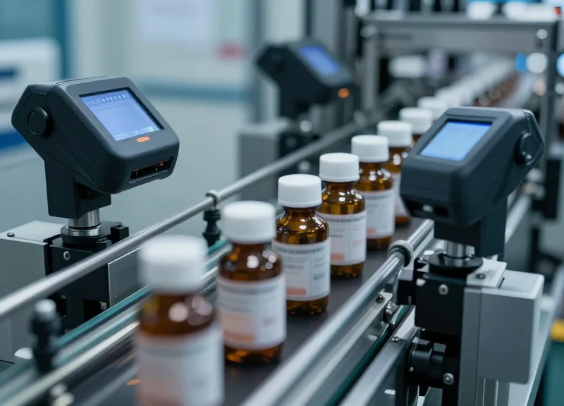 High-speed pharmaceutical conveyor belt with motion blur and industrial equipment.