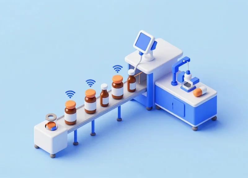 3D isometric illustration of synchronized RFID readers and tags on a production line.