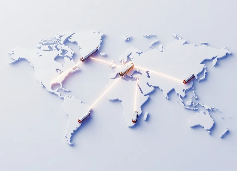 Isometric world map showing global visibility with connecting light trails.
