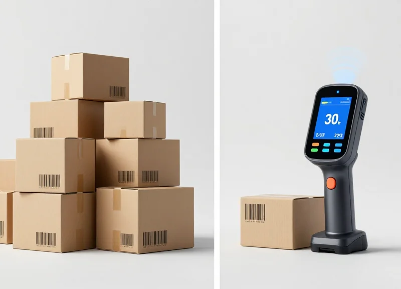 A comparison showing a person struggling to scan individual barcodes on a pile of boxes versus a wireless RFID reader capturing data instantly from afar.