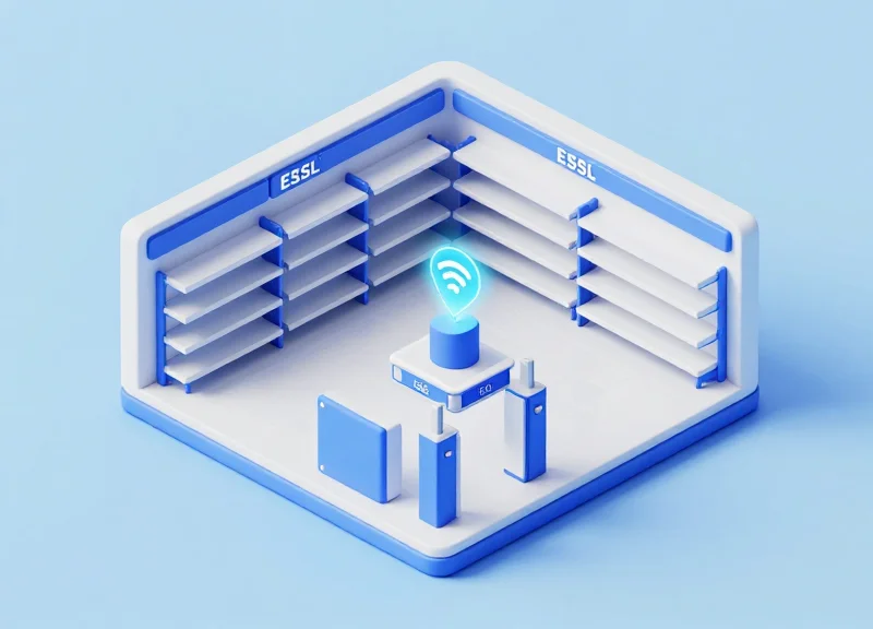 3D model of a retail environment showing the connection between RFID tags, ESL shelf labels, and EAS security gates.