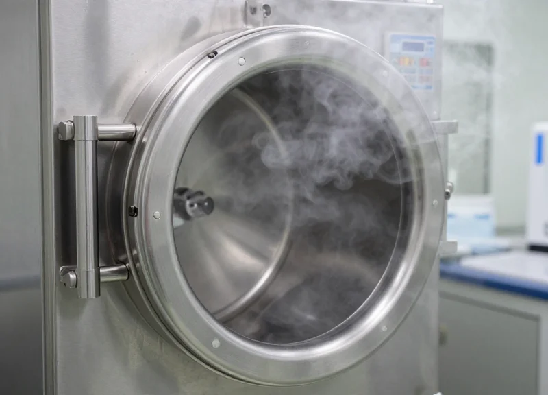 A close-up of high-tech equipment inside a stainless steel industrial autoclave being sterilized with steam.