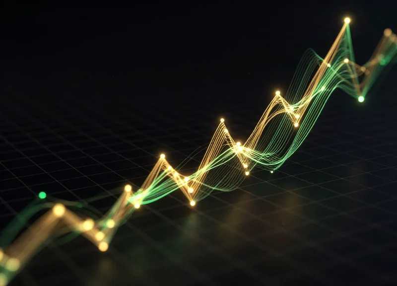 Abstract visualization of glowing financial growth trails and data nodes representing ROI.
