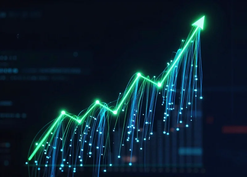 Abstract data visualization showing upward trending light trails representing ROI and efficiency gains.