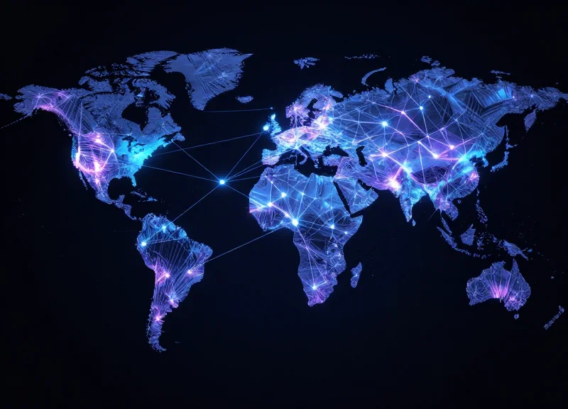 A futuristic visualization of interconnected data nodes and AI neural networks representing Industry 4.0.