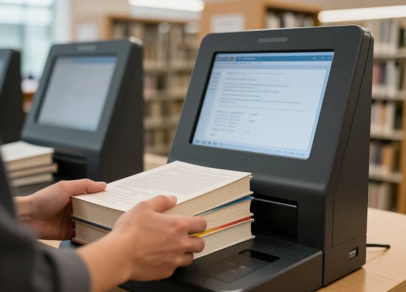 A close-up of a library visitor using a modern RFID self-checkout kiosk with a stack of books.