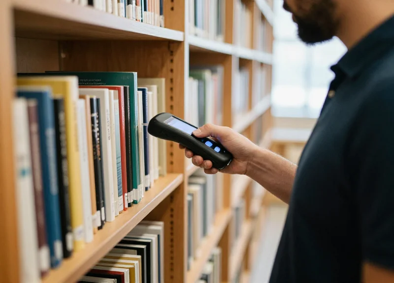 A library staff member using a handheld RFID scanner to manage inventory on book shelves.