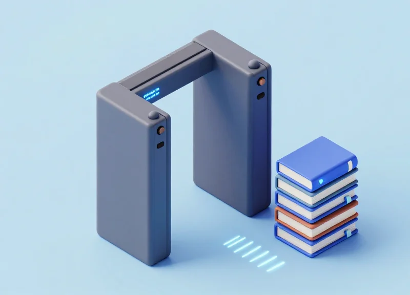 3D isometric model of library security gates and books tagged with glowing RFID signals.