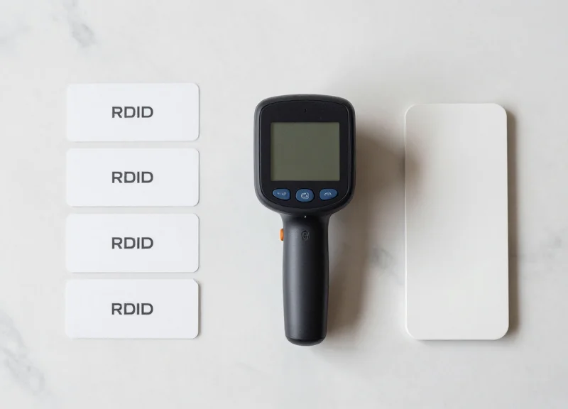 Neatly arranged RFID library hardware including various tags, a handheld reader, and a flat antenna.