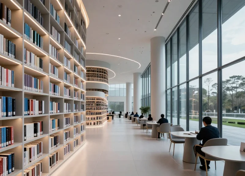 A futuristic library interior in 2026 with sleek architecture and glowing shelves.