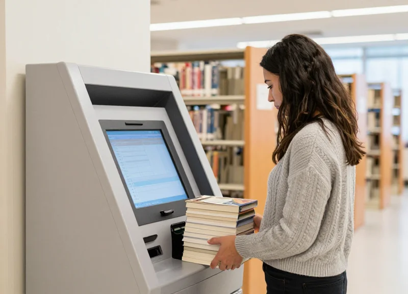 A person using an automated library checkout system in a modern environment.