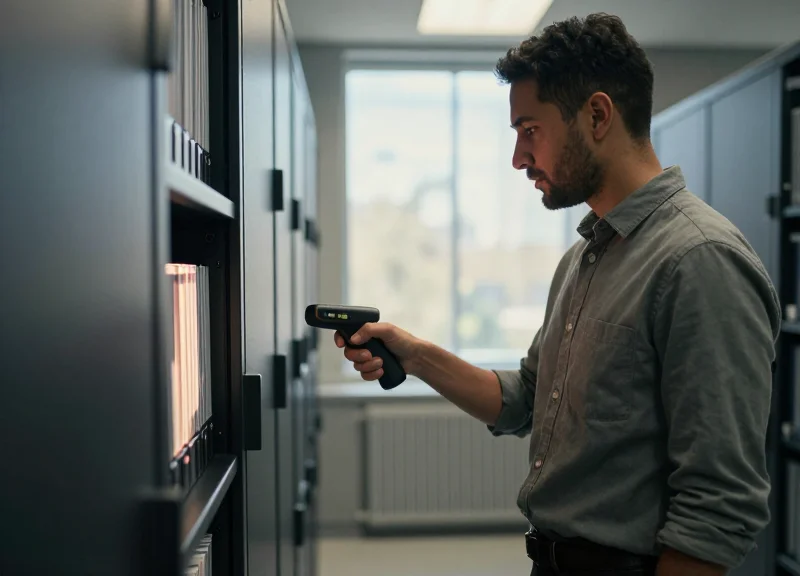 A professional archivist using a handheld RFID scanner in a modern bank archive room with high-density shelving.