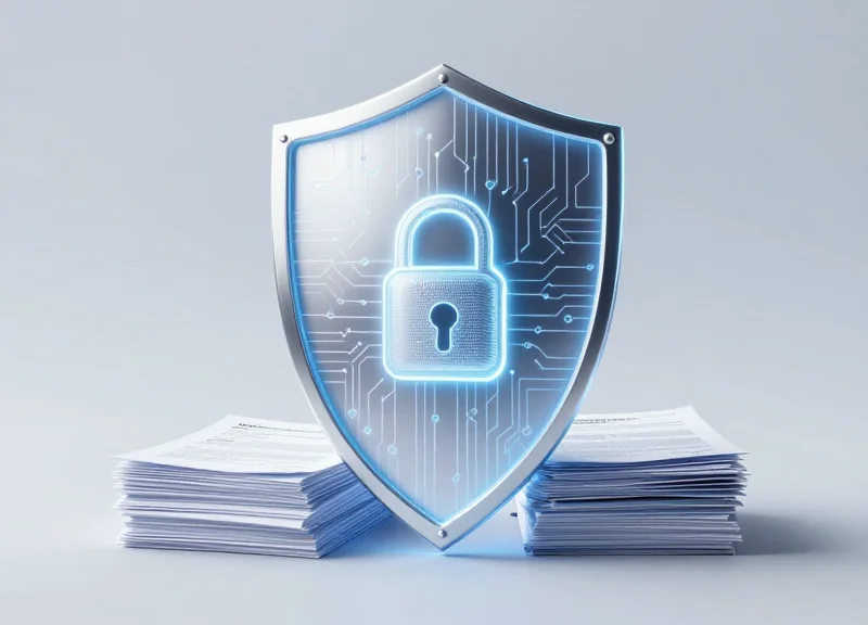 A symbolic digital shield protecting sensitive legal documents to represent chain of custody security