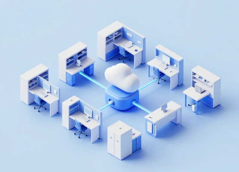 Isometric 3D view of an integrated document management network connecting physical files to cloud servers