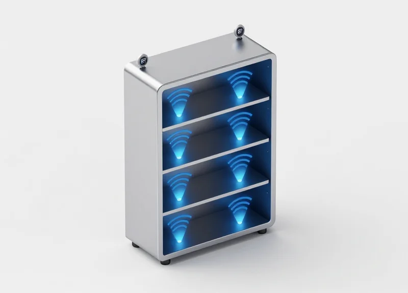 Isometric view of RFID antennas positioned inside a metal cabinet.