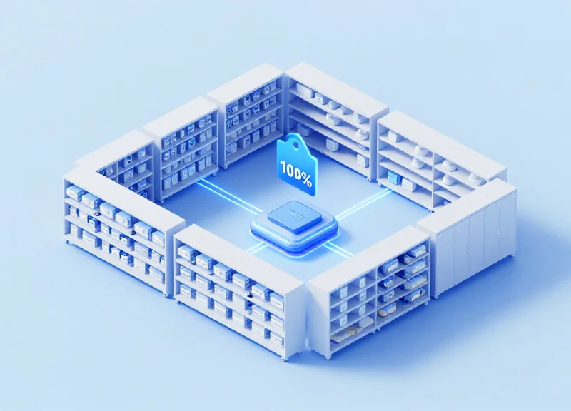 Systematic 3D view of a fully deployed smart RFID shelving system.