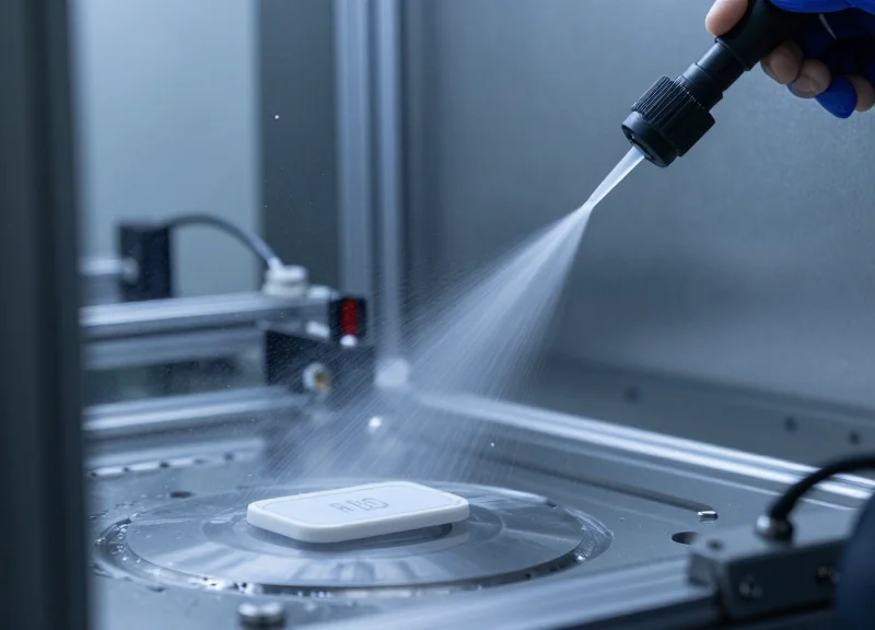 Industrial tag undergoing extreme durability testing with water and chemicals