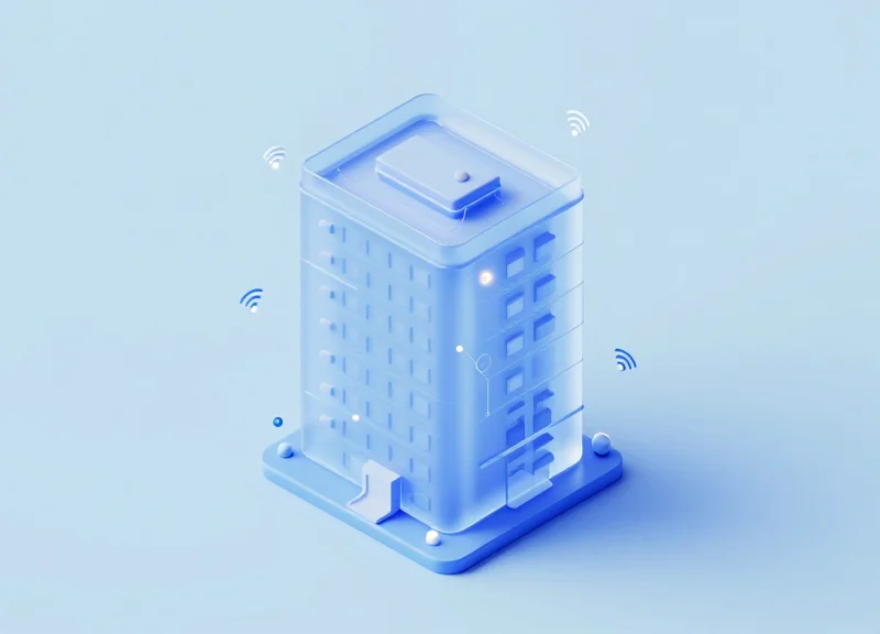 Isometric 3D view of a digital twin building model with RFID data integration